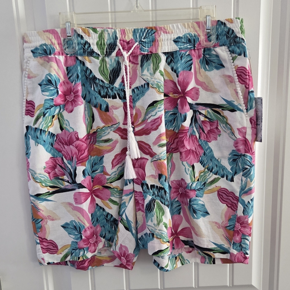 NWT Island Collection Womens Large Tropical Shorts Pull On Hawaiian Cotton Linen
